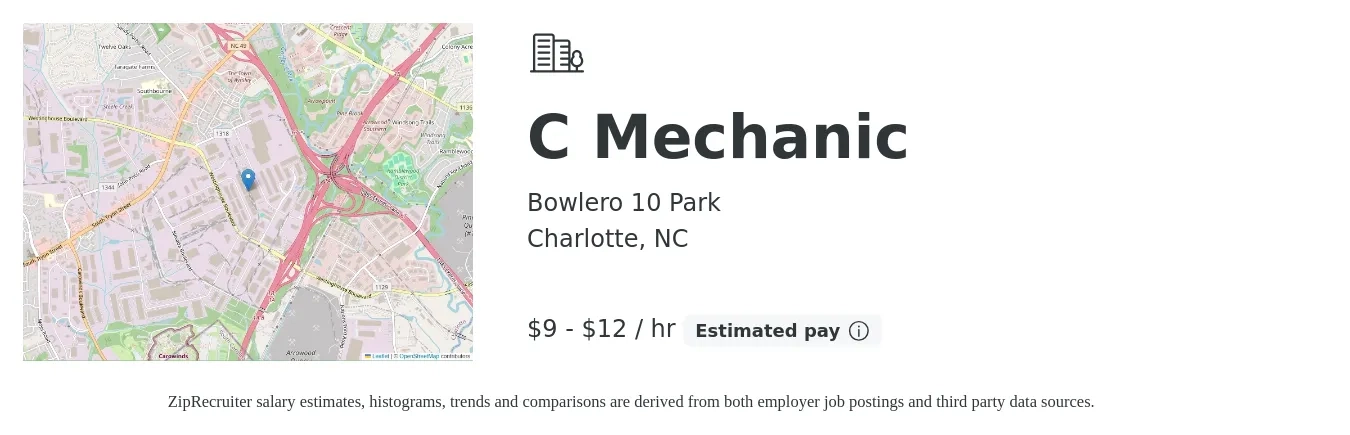 Bowlero 10 Park job posting for a C Mechanic in Charlotte, NC with a salary of $10 to $13 Hourly with a map of Charlotte location.
