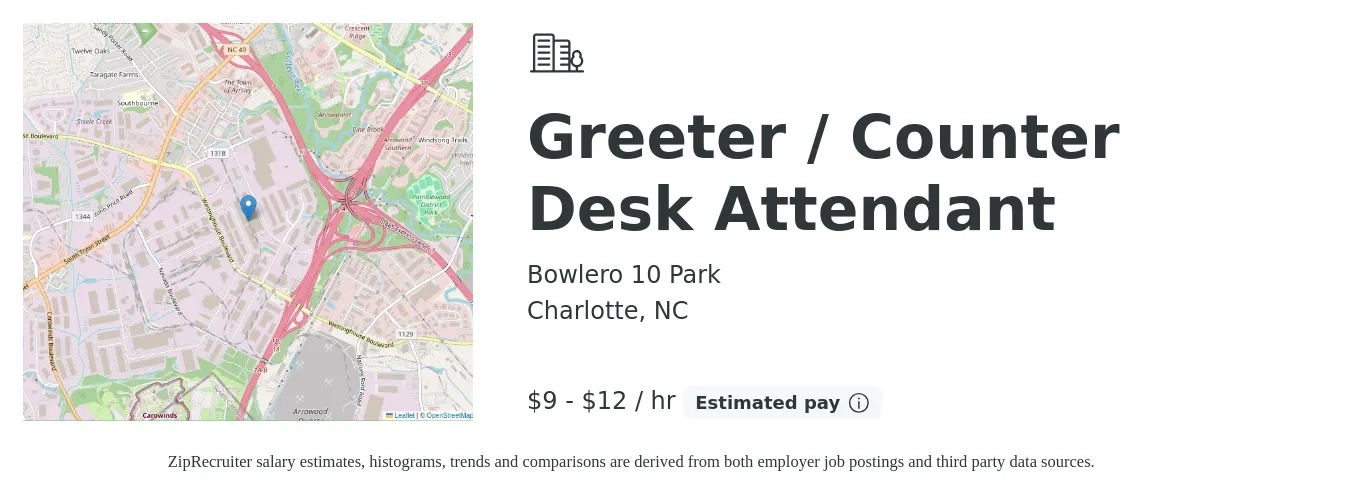 Bowlero 10 Park job posting for a Greeter / Counter Desk Attendant in Charlotte, NC with a salary of $10 to $13 Hourly with a map of Charlotte location.