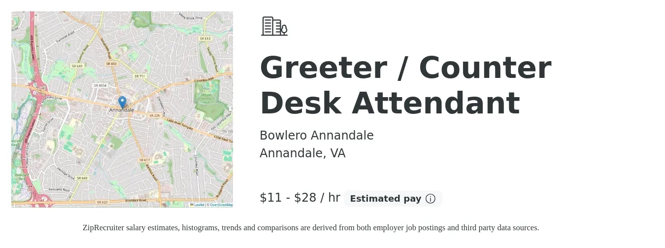 Bowlero Annandale job posting for a Greeter / Counter Desk Attendant in Annandale, VA with a salary of $12 to $30 Hourly with a map of Annandale location.