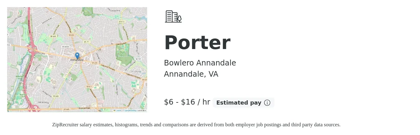 Bowlero Annandale job posting for a Porter in Annandale, VA with a salary of $7 to $17 Hourly with a map of Annandale location.