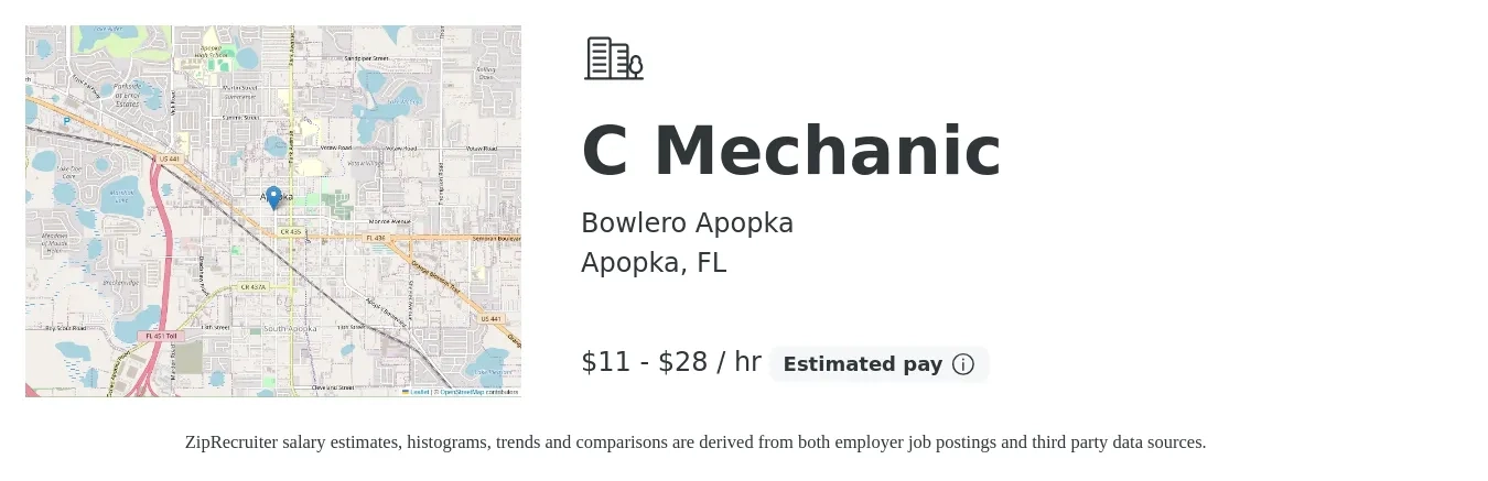 Bowlero Apopka job posting for a C Mechanic in Apopka, FL with a salary of $12 to $30 Hourly with a map of Apopka location.