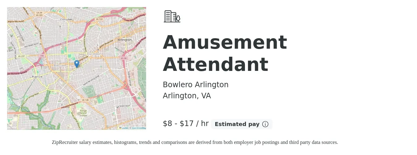 Bowlero Arlington job posting for a Amusement Attendant in Arlington, VA with a salary of $9 to $18 Hourly with a map of Arlington location.