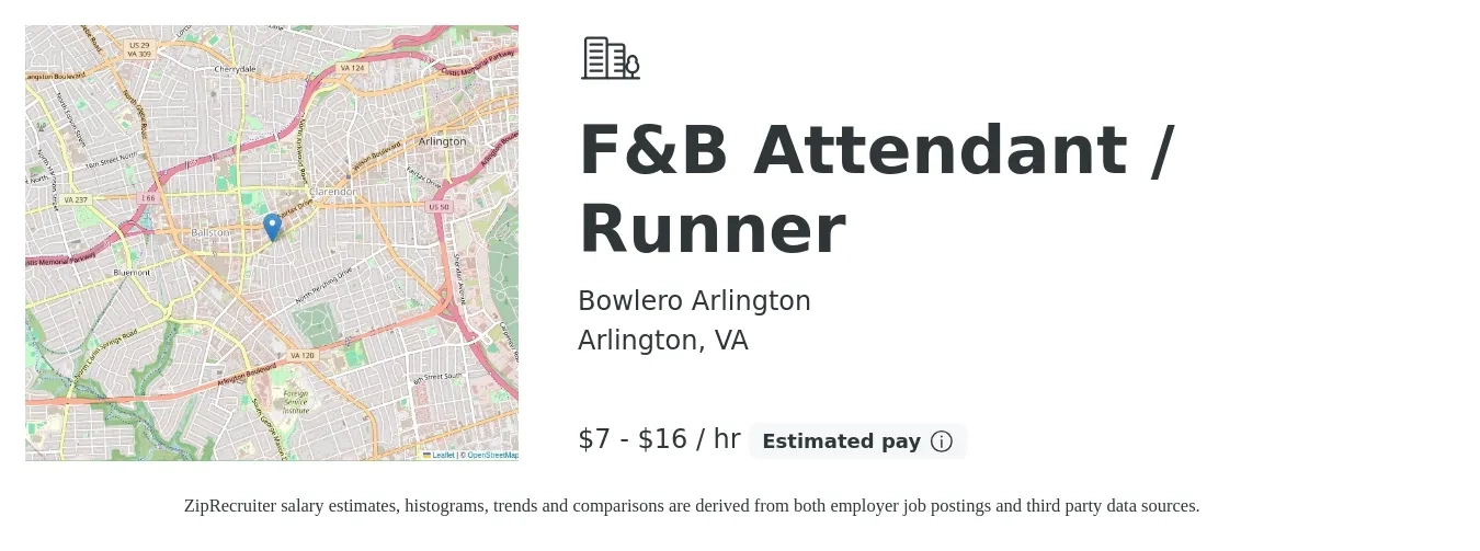 Bowlero Arlington job posting for a F&B Attendant / Runner in Arlington, VA with a salary of $8 to $17 Hourly with a map of Arlington location.