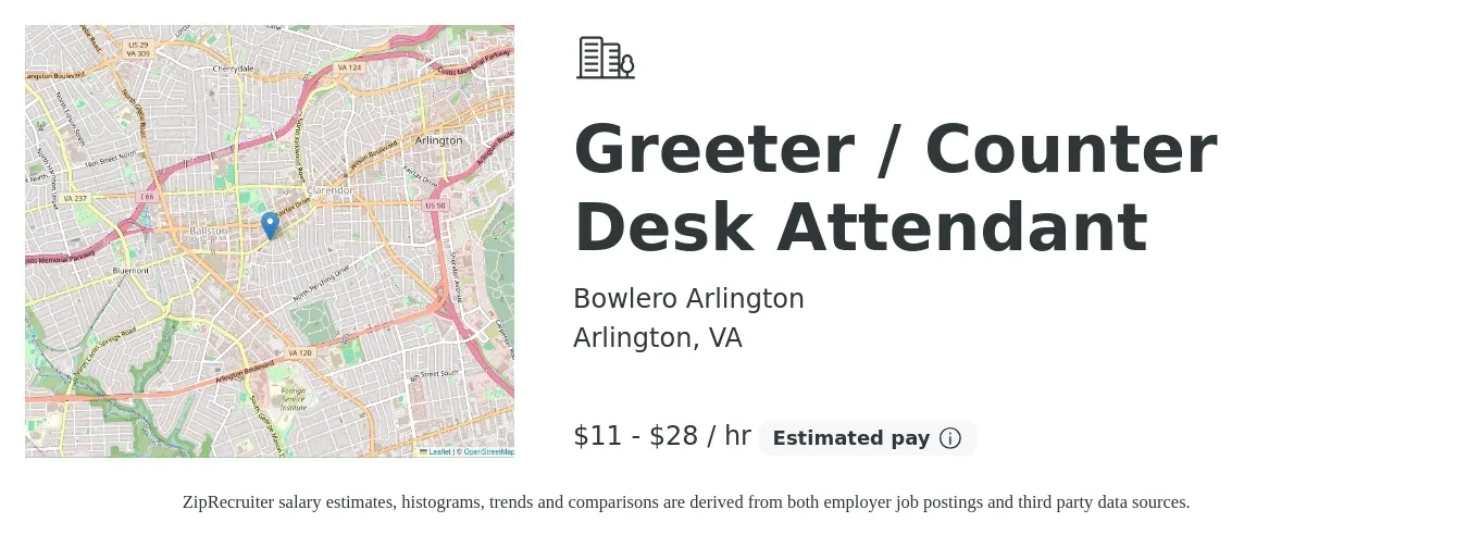 Bowlero Arlington job posting for a Greeter / Counter Desk Attendant in Arlington, VA with a salary of $12 to $30 Hourly with a map of Arlington location.