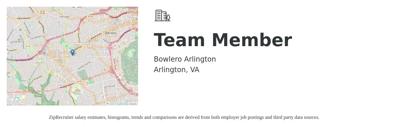 Bowlero Arlington job posting for a Team Member in Arlington, VA with a salary of $14 to $18 Hourly with a map of Arlington location.