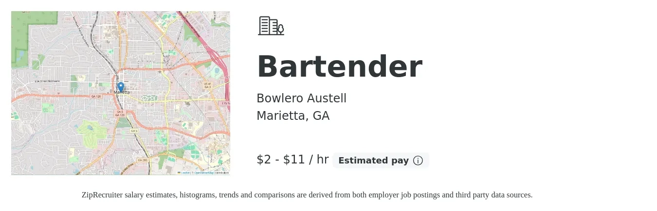 Bowlero Austell job posting for a Bartender in Marietta, GA with a salary of $2 to $12 Hourly with a map of Marietta location.