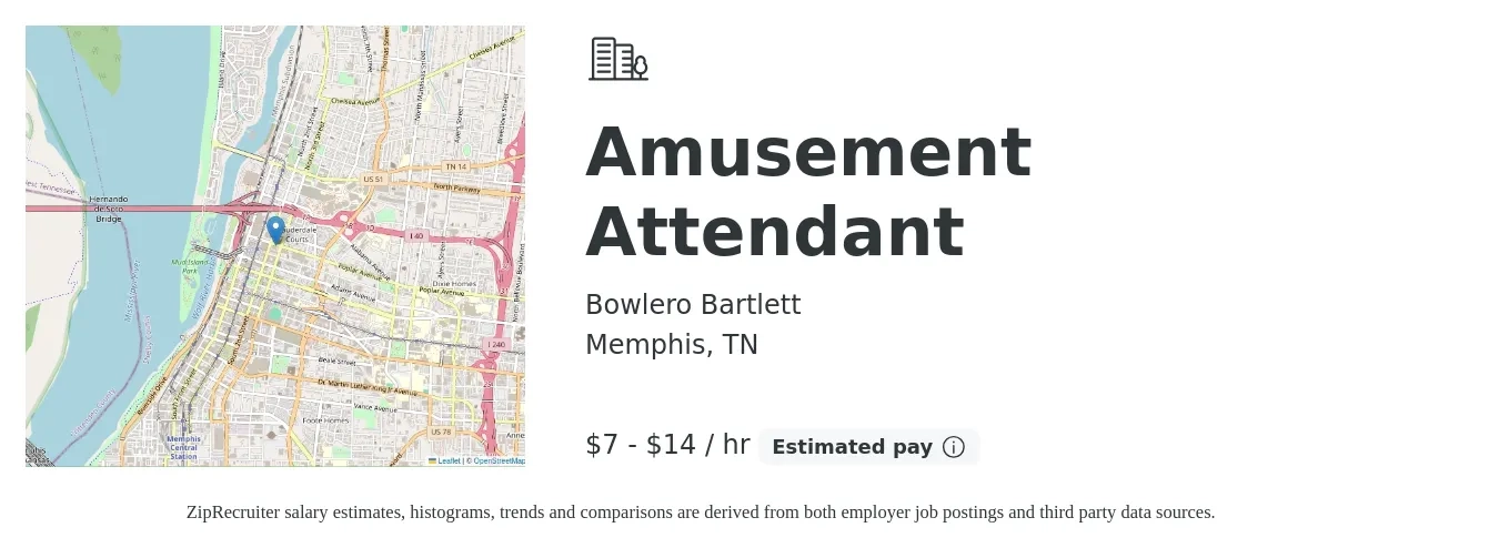 Bowlero Bartlett job posting for a Amusement Attendant in Memphis, TN with a salary of $8 to $16 Hourly with a map of Memphis location.