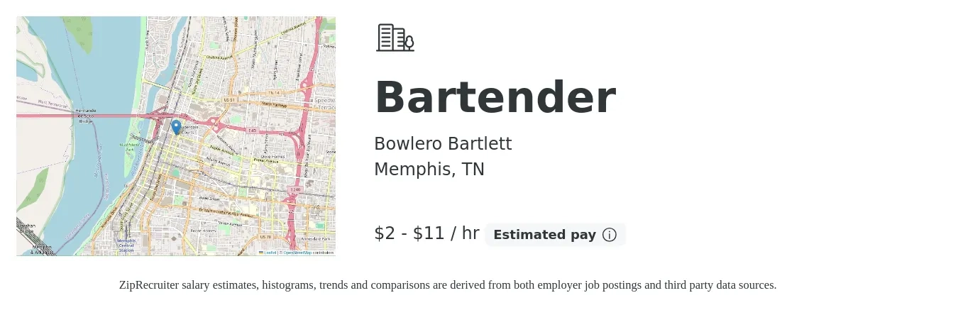 Bowlero Bartlett job posting for a Bartender in Memphis, TN with a salary of $2 to $12 Hourly with a map of Memphis location.