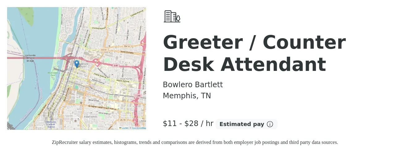 Bowlero Bartlett job posting for a Greeter / Counter Desk Attendant in Memphis, TN with a salary of $12 to $30 Hourly with a map of Memphis location.