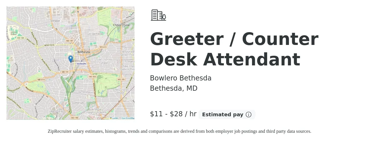 Bowlero Bethesda job posting for a Greeter / Counter Desk Attendant in Bethesda, MD with a salary of $12 to $30 Hourly with a map of Bethesda location.