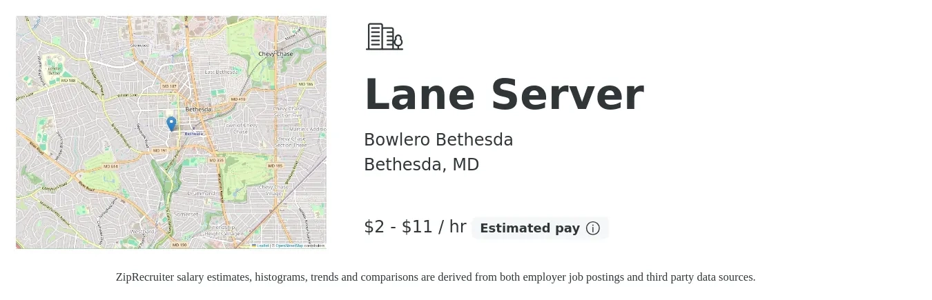 Bowlero Bethesda job posting for a Lane Server in Bethesda, MD with a salary of $2 to $12 Hourly with a map of Bethesda location.