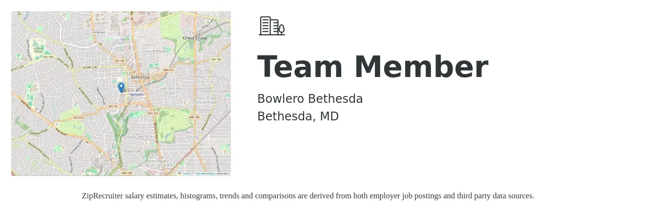 Bowlero Bethesda job posting for a Team Member in Bethesda, MD with a salary of $12 to $17 Hourly with a map of Bethesda location.
