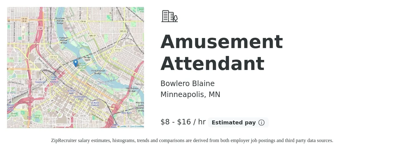 Bowlero Blaine job posting for a Amusement Attendant in Minneapolis, MN with a salary of $8 to $17 Hourly with a map of Minneapolis location.