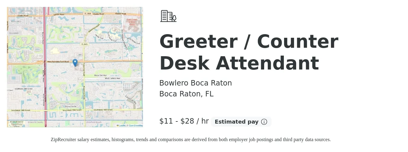 Bowlero Boca Raton job posting for a Greeter / Counter Desk Attendant in Boca Raton, FL with a salary of $12 to $30 Hourly with a map of Boca Raton location.