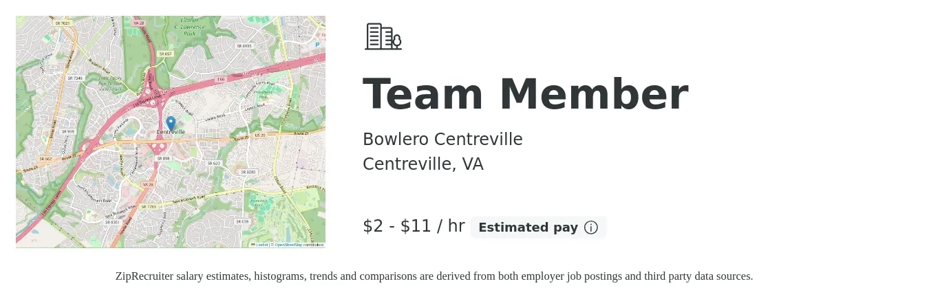 Bowlero Centreville job posting for a Team Member in Centreville, VA with a salary of $2 to $12 Hourly with a map of Centreville location.