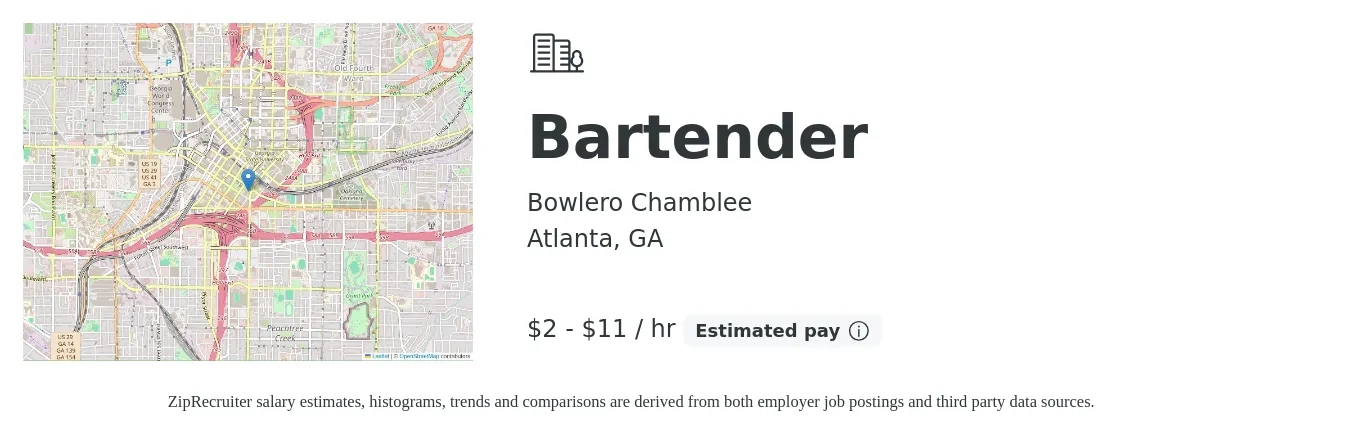 Bowlero Chamblee job posting for a Bartender in Atlanta, GA with a salary of $2 to $12 Hourly with a map of Atlanta location.