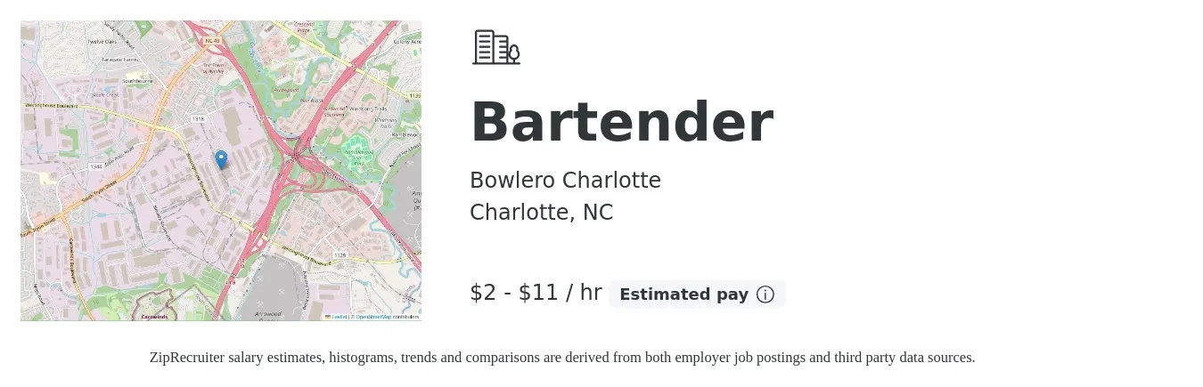 Bowlero Charlotte job posting for a Bartender in Charlotte, NC with a salary of $2 to $12 Hourly with a map of Charlotte location.