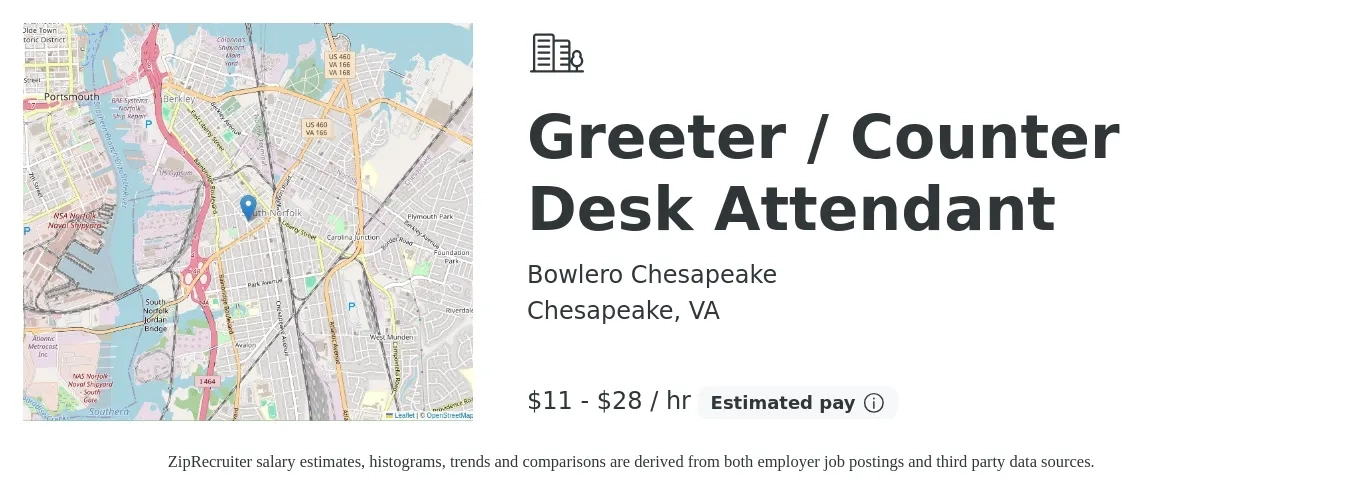 Bowlero Chesapeake job posting for a Greeter / Counter Desk Attendant in Chesapeake, VA with a salary of $12 to $30 Hourly with a map of Chesapeake location.