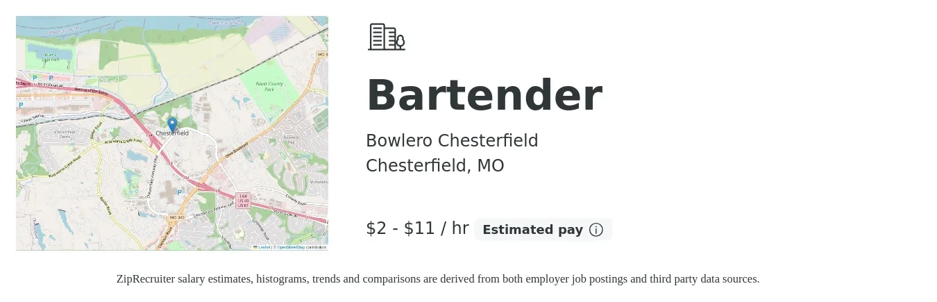 Bowlero Chesterfield job posting for a Bartender in Chesterfield, MO with a salary of $2 to $12 Hourly with a map of Chesterfield location.