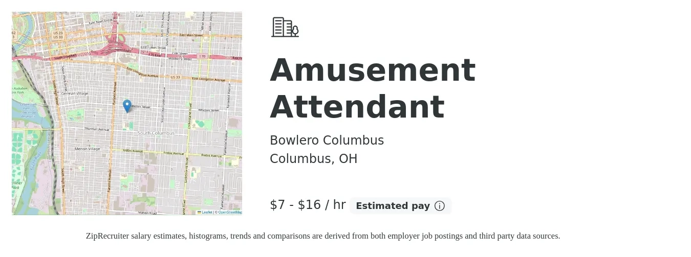 Bowlero Columbus job posting for a Amusement Attendant in Columbus, OH with a salary of $8 to $17 Hourly with a map of Columbus location.