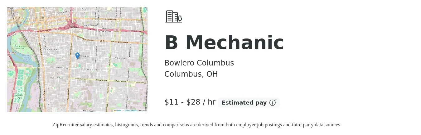 Bowlero Columbus job posting for a B Mechanic in Columbus, OH with a salary of $12 to $30 Hourly with a map of Columbus location.