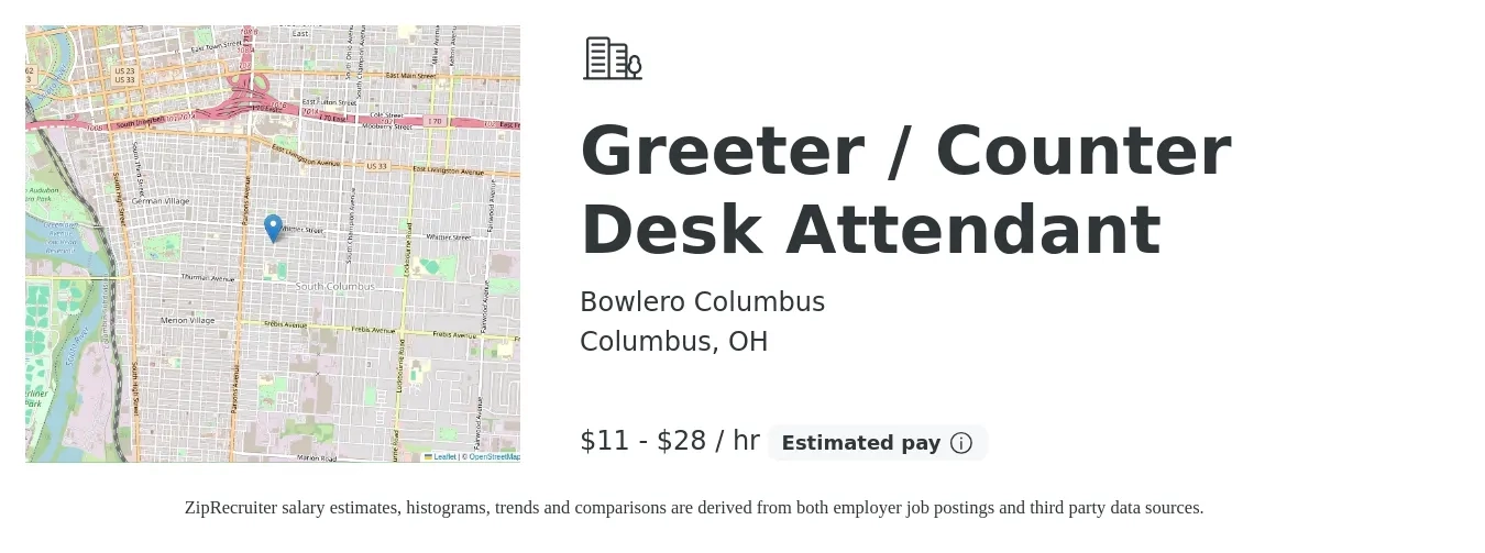 Bowlero Columbus job posting for a Greeter / Counter Desk Attendant in Columbus, OH with a salary of $12 to $30 Hourly with a map of Columbus location.