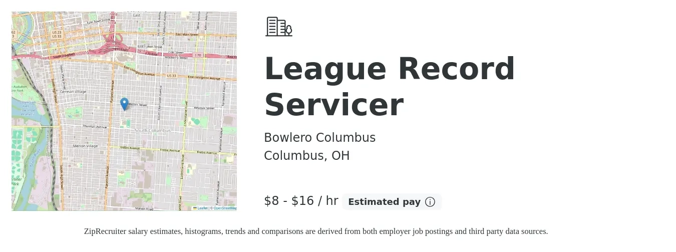 Bowlero Columbus job posting for a League Record Servicer in Columbus, OH with a salary of $9 to $18 Hourly with a map of Columbus location.