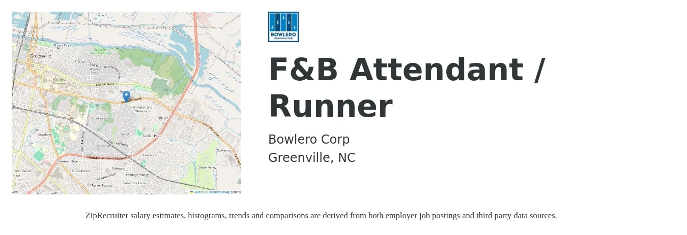 Bowlero Corp job posting for a F&B Attendant / Runner in Greenville, NC with a salary of $12 to $15 Hourly with a map of Greenville location.