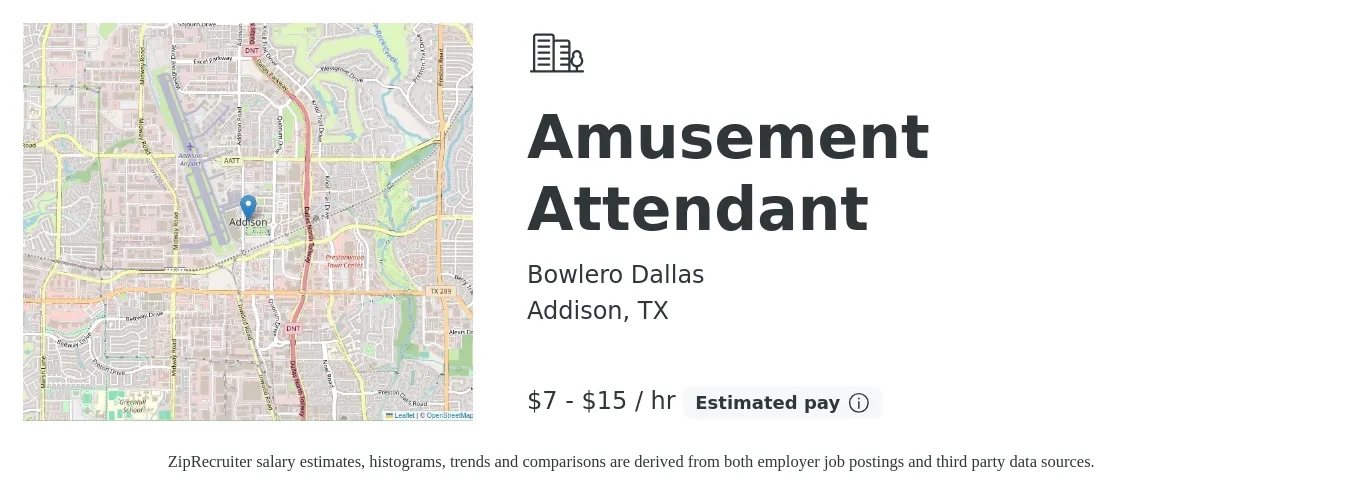 Bowlero Dallas job posting for a Amusement Attendant in Addison, TX with a salary of $8 to $16 Hourly with a map of Addison location.