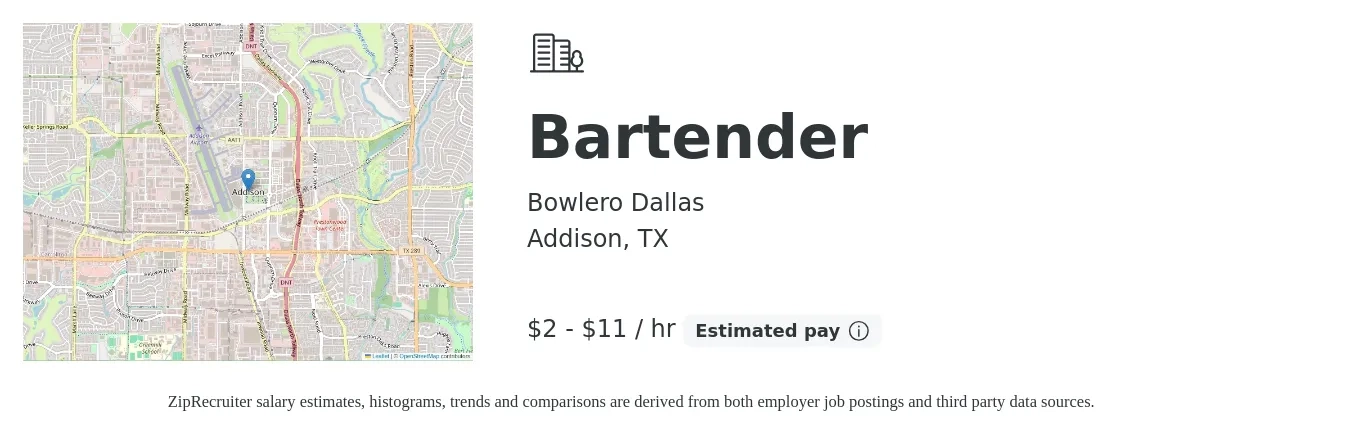 Bowlero Dallas job posting for a Bartender in Addison, TX with a salary of $2 to $12 Hourly with a map of Addison location.