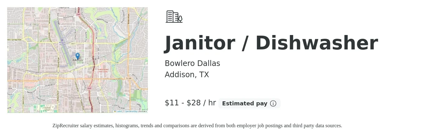 Bowlero Dallas job posting for a Janitor / Dishwasher in Addison, TX with a salary of $12 to $30 Hourly with a map of Addison location.