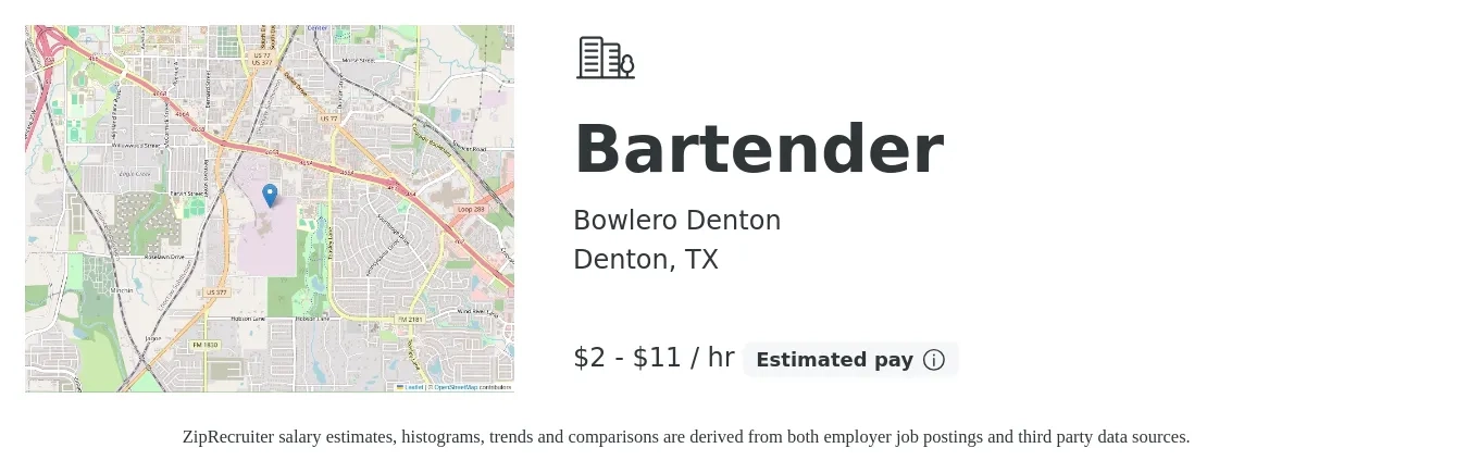 Bowlero Denton job posting for a Bartender in Denton, TX with a salary of $2 to $12 Hourly with a map of Denton location.