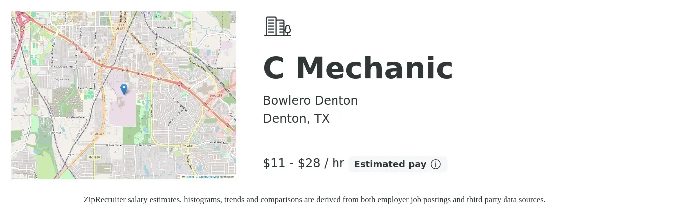 Bowlero Denton job posting for a C Mechanic in Denton, TX with a salary of $12 to $30 Hourly with a map of Denton location.
