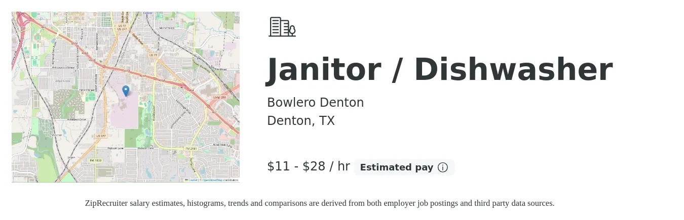 Bowlero Denton job posting for a Janitor / Dishwasher in Denton, TX with a salary of $12 to $30 Hourly with a map of Denton location.