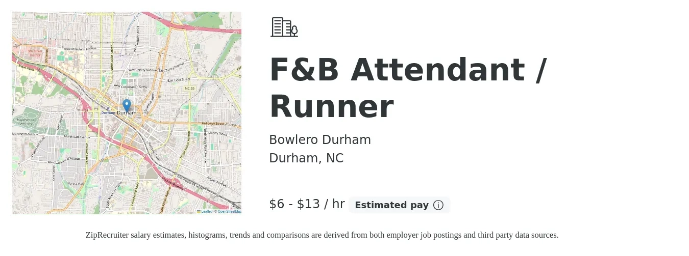 Bowlero Durham job posting for a F&B Attendant / Runner in Durham, NC with a salary of $7 to $14 Hourly with a map of Durham location.