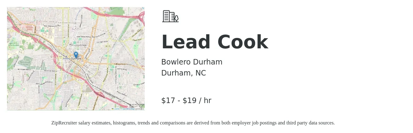 Bowlero Durham job posting for a Lead Cook in Durham, NC with a salary of $18 to $20 Hourly with a map of Durham location.
