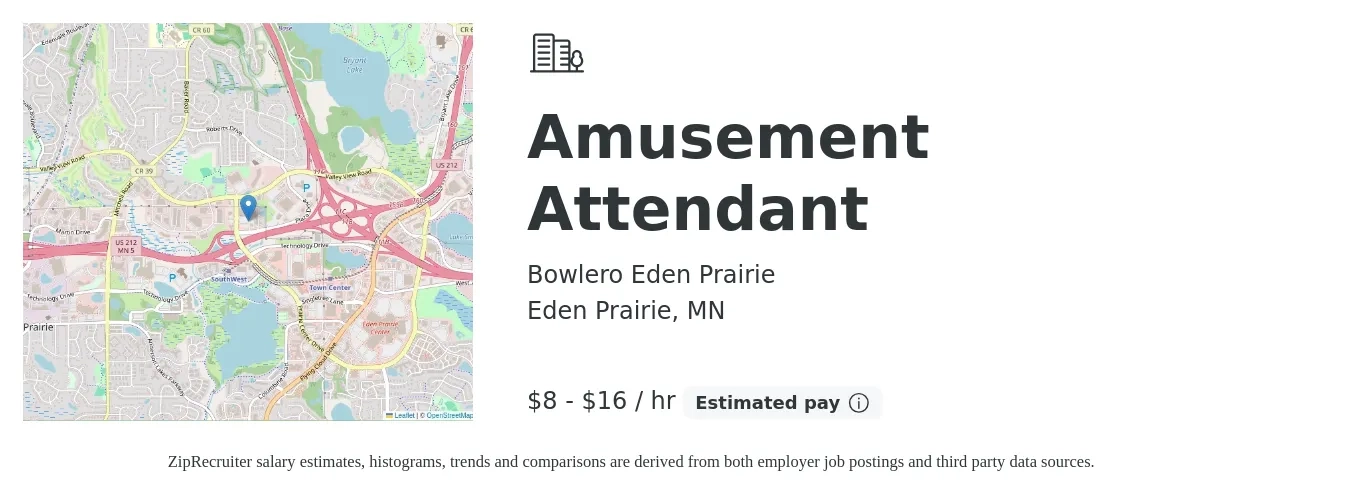 Bowlero Eden Prairie job posting for a Amusement Attendant in Eden Prairie, MN with a salary of $8 to $17 Hourly with a map of Eden Prairie location.
