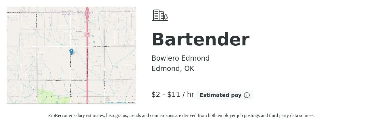 Bowlero Edmond job posting for a Bartender in Edmond, OK with a salary of $2 to $12 Hourly with a map of Edmond location.
