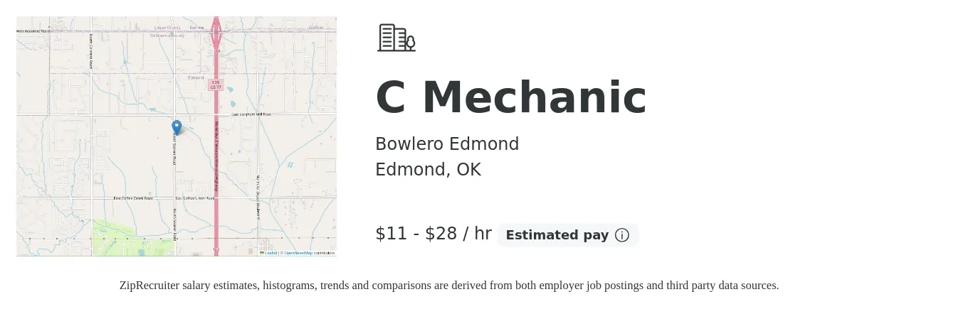 Bowlero Edmond job posting for a C Mechanic in Edmond, OK with a salary of $12 to $30 Hourly with a map of Edmond location.