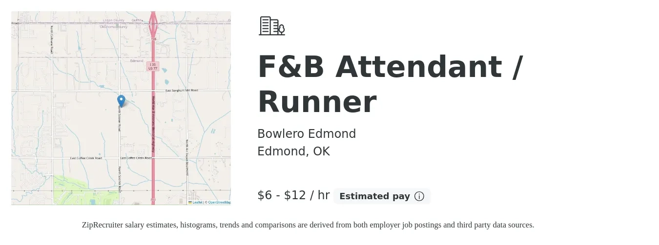 Bowlero Edmond job posting for a F&B Attendant / Runner in Edmond, OK with a salary of $6 to $13 Hourly with a map of Edmond location.