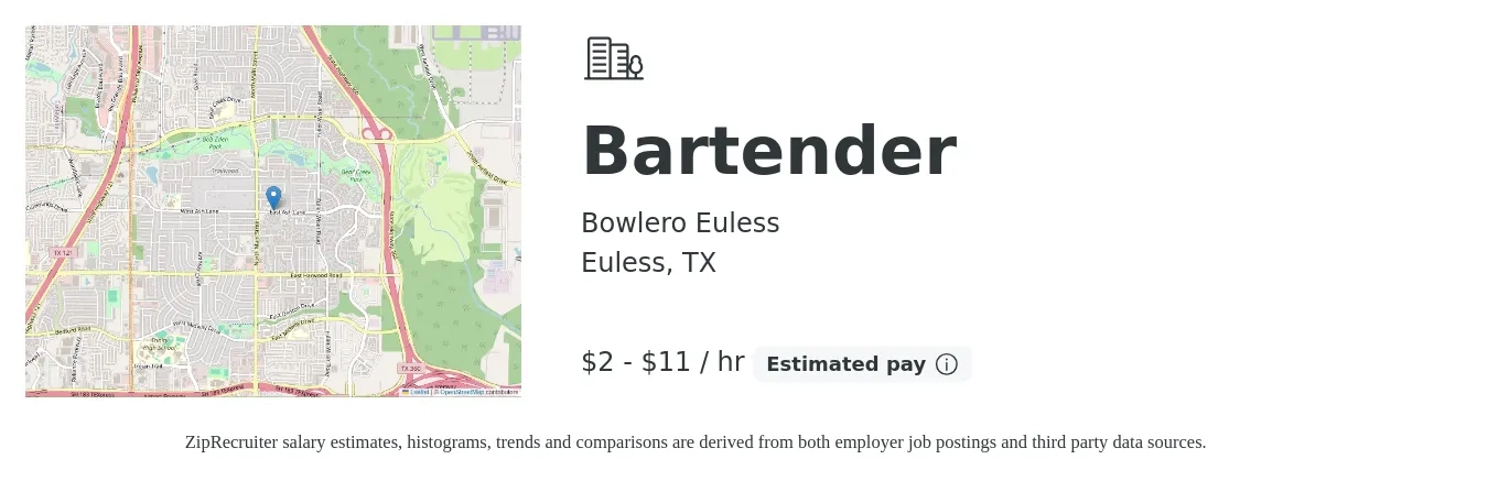 Bowlero Euless job posting for a Bartender in Euless, TX with a salary of $2 to $12 Hourly with a map of Euless location.