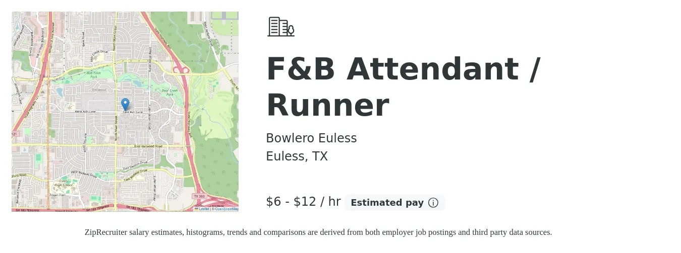 Bowlero Euless job posting for a F&B Attendant / Runner in Euless, TX with a salary of $7 to $13 Hourly with a map of Euless location.