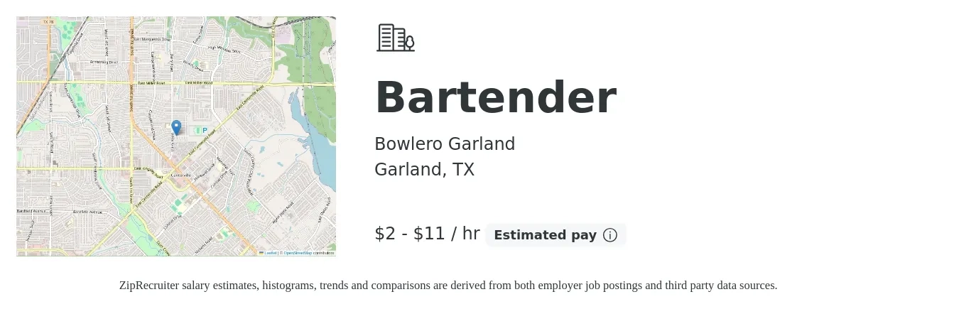 Bowlero Garland job posting for a Bartender in Garland, TX with a salary of $2 to $12 Hourly with a map of Garland location.