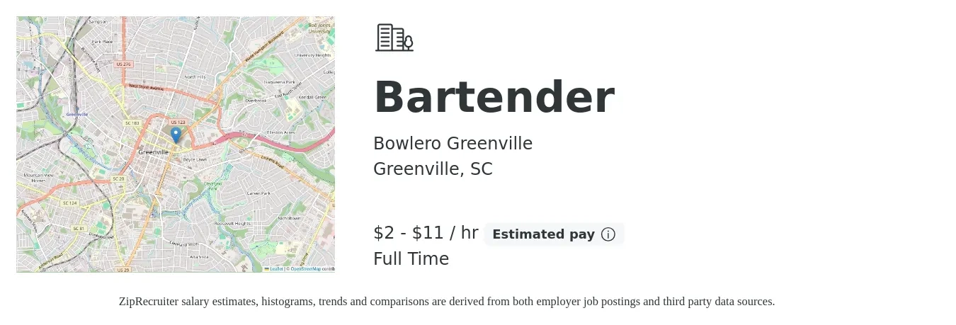 Bowlero Greenville job posting for a Bartender in Greenville, SC with a salary of $2 to $12 Hourly with a map of Greenville location.