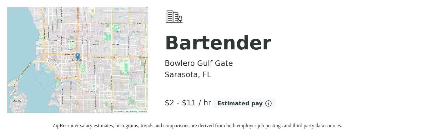 Bowlero Gulf Gate job posting for a Bartender in Sarasota, FL with a salary of $2 to $12 Hourly with a map of Sarasota location.