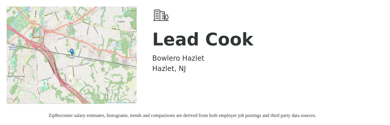 Bowlero Hazlet job posting for a Lead Cook in Hazlet, NJ with a salary of $18 to $23 Hourly with a map of Hazlet location.