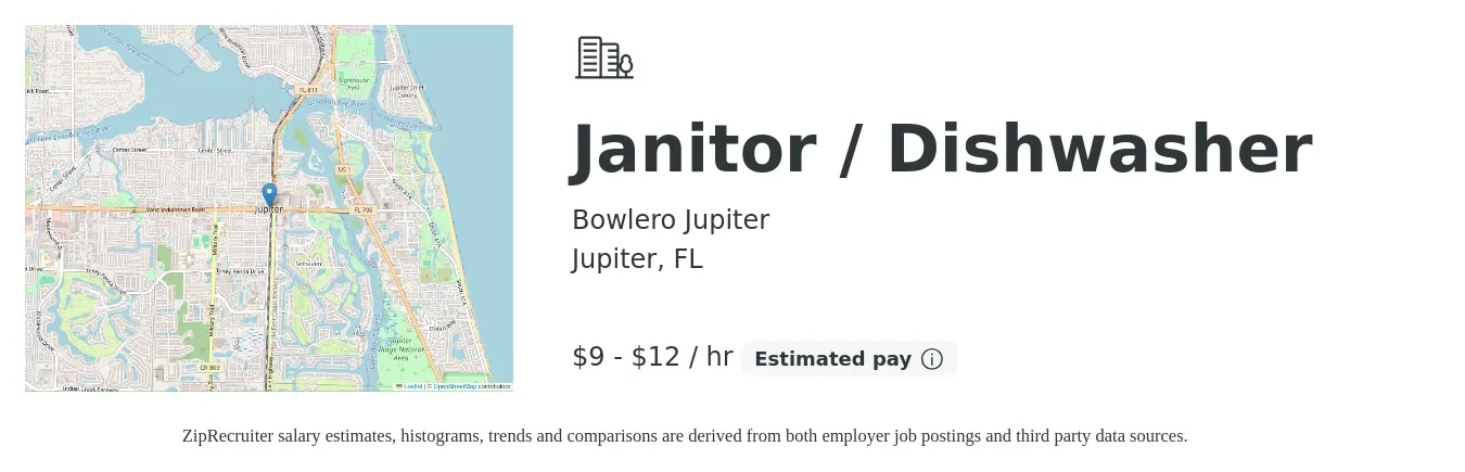 Bowlero Jupiter job posting for a Janitor / Dishwasher in Jupiter, FL with a salary of $10 to $13 Hourly with a map of Jupiter location.