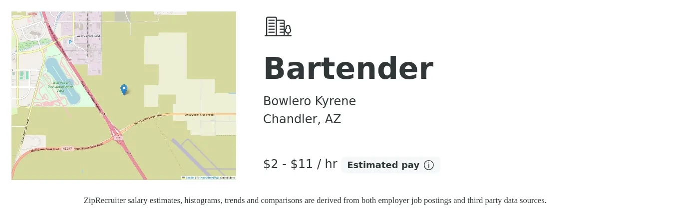 Bowlero Kyrene job posting for a Bartender in Chandler, AZ with a salary of $2 to $12 Hourly with a map of Chandler location.