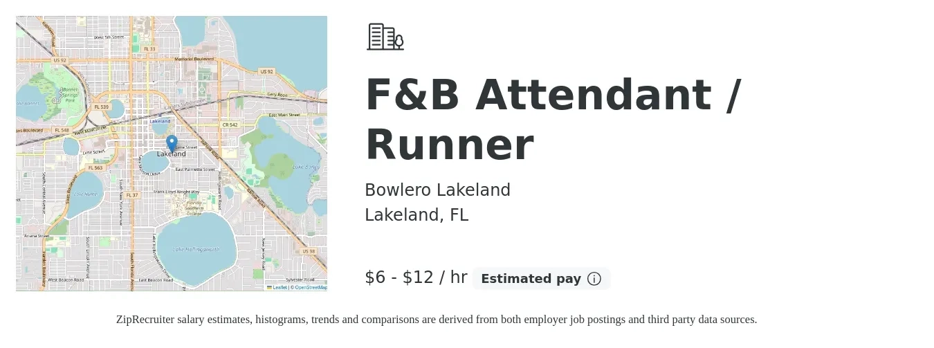 Bowlero Lakeland job posting for a F&B Attendant / Runner in Lakeland, FL with a salary of $6 to $13 Hourly with a map of Lakeland location.