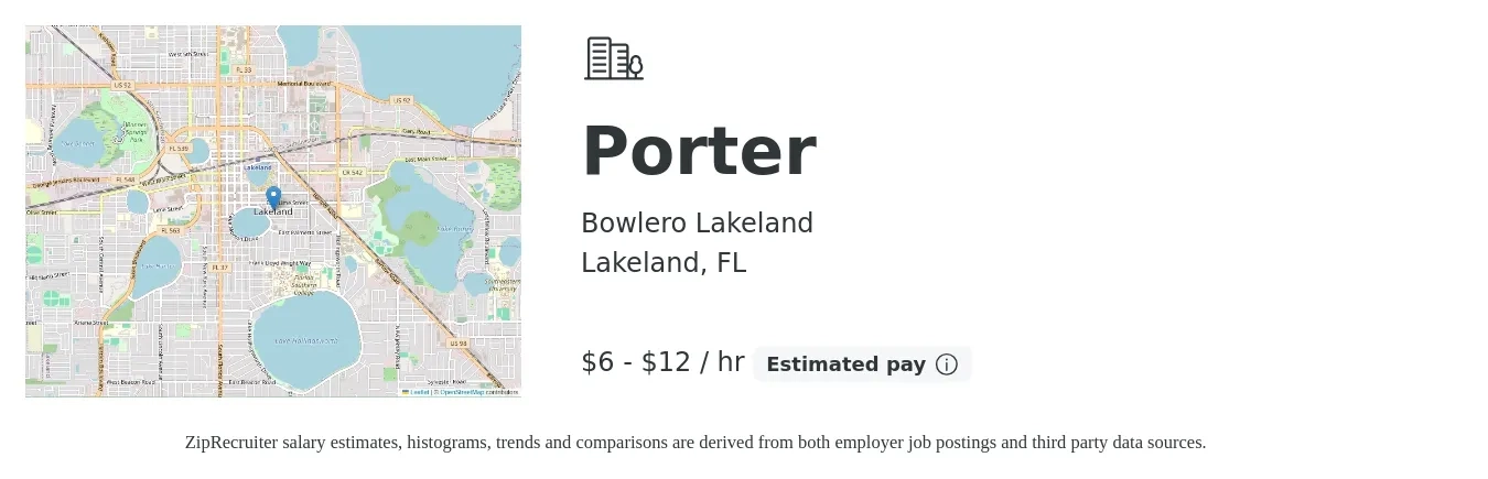 Bowlero Lakeland job posting for a Porter in Lakeland, FL with a salary of $6 to $13 Hourly with a map of Lakeland location.